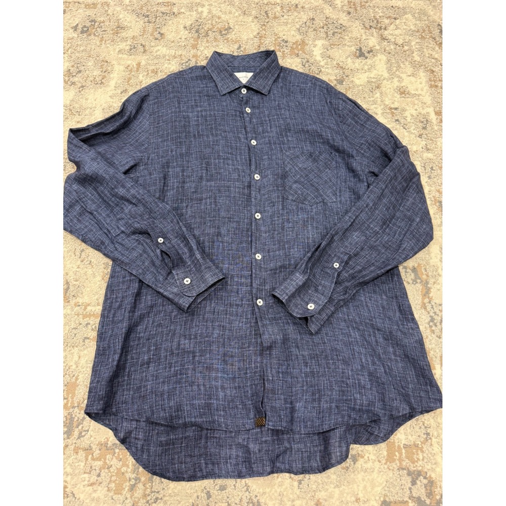 Billy Reid Tuscumbia Navy Blue Linen Shirt Mens Large Made in Italy Crosshatch